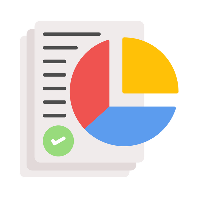Monthly report overview with a paper featuring straight lines, a checkmark, and a colorful pie chart in the corner, symbolizing data analysis and progress tracking for social media growth.